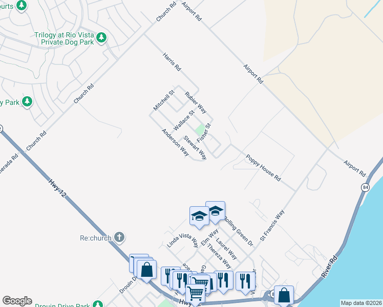 map of restaurants, bars, coffee shops, grocery stores, and more near 596 Anderson Way in Rio Vista