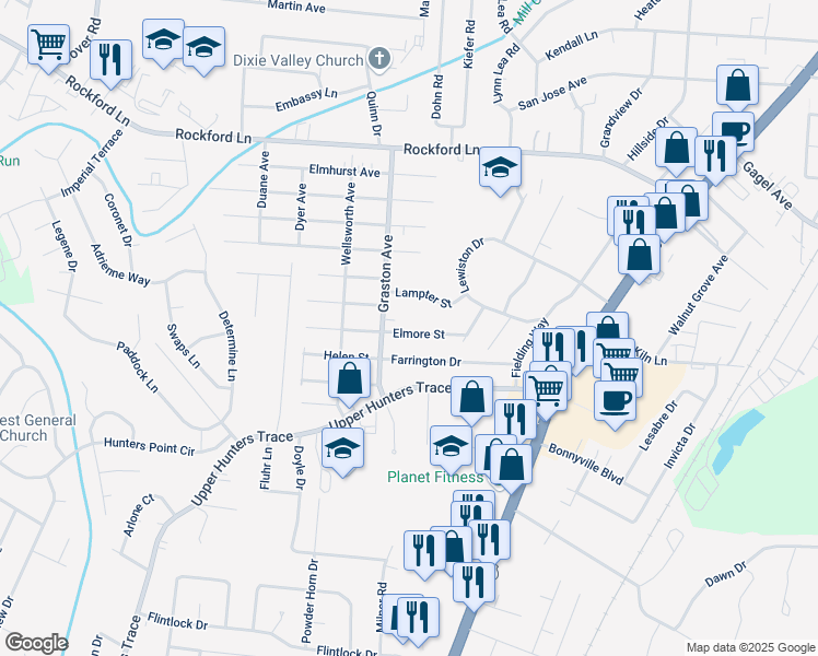 map of restaurants, bars, coffee shops, grocery stores, and more near 2201 Elmore Street in Louisville