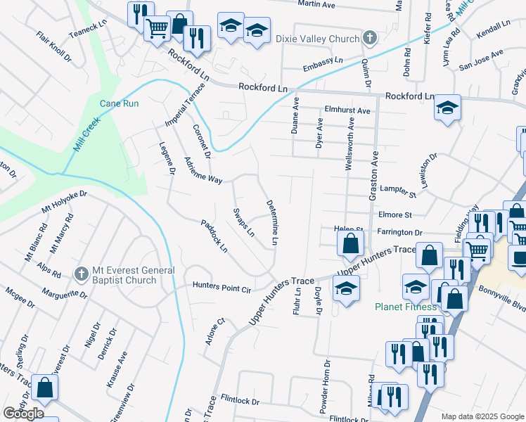 map of restaurants, bars, coffee shops, grocery stores, and more near 2403 Omaha Lane in Louisville