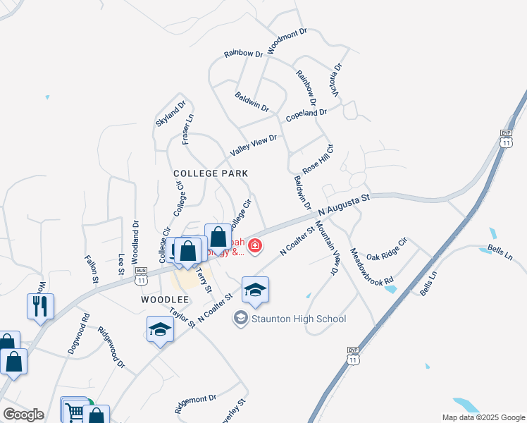 map of restaurants, bars, coffee shops, grocery stores, and more near 7 Belmont Drive in Staunton