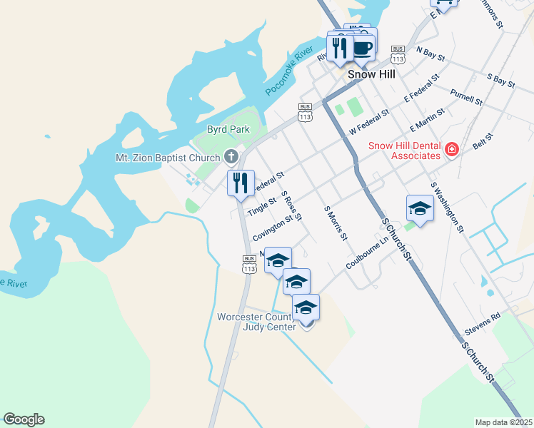 map of restaurants, bars, coffee shops, grocery stores, and more near 409 Tingle Street in Snow Hill