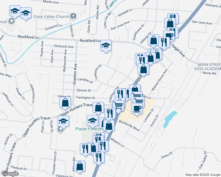map of restaurants, bars, coffee shops, grocery stores, and more near 1959 Lewiston Drive in Louisville