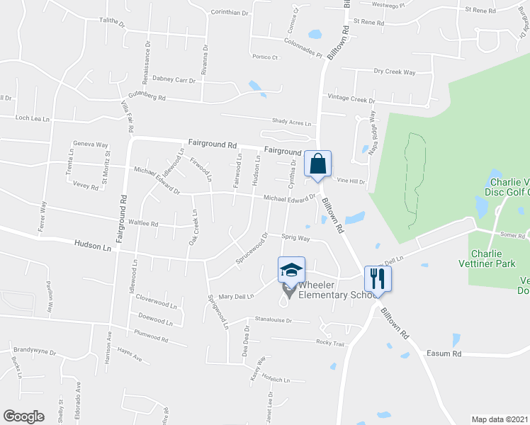 map of restaurants, bars, coffee shops, grocery stores, and more near 5102 Sprucewood Drive in Louisville