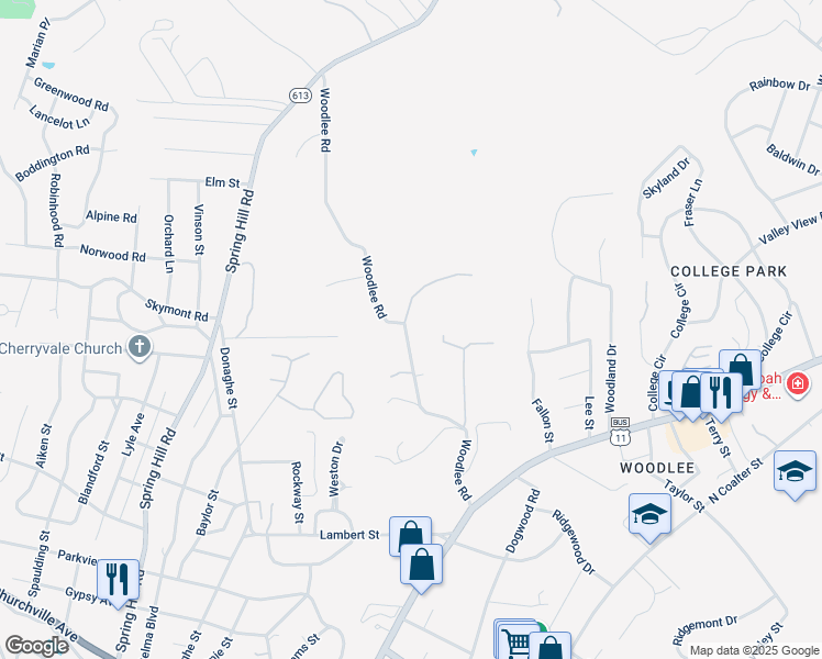 map of restaurants, bars, coffee shops, grocery stores, and more near 74 Woodlee Road in Staunton