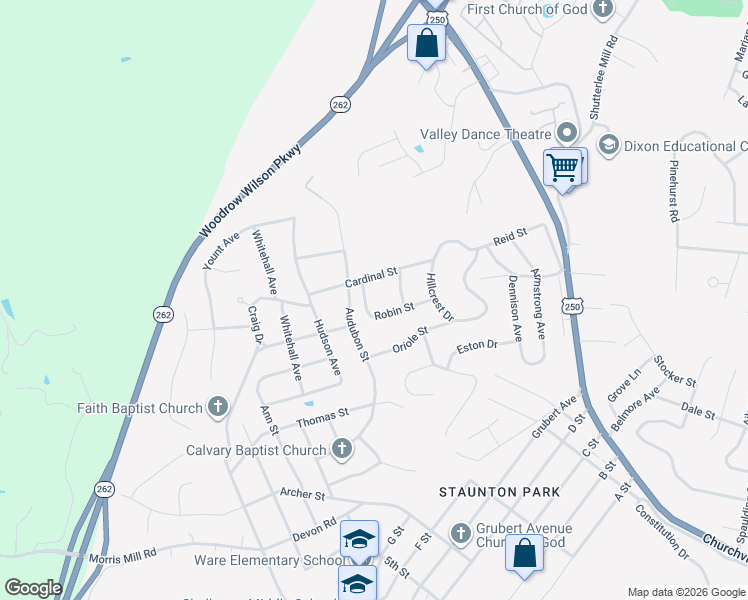 map of restaurants, bars, coffee shops, grocery stores, and more near 521 Robin St in Staunton