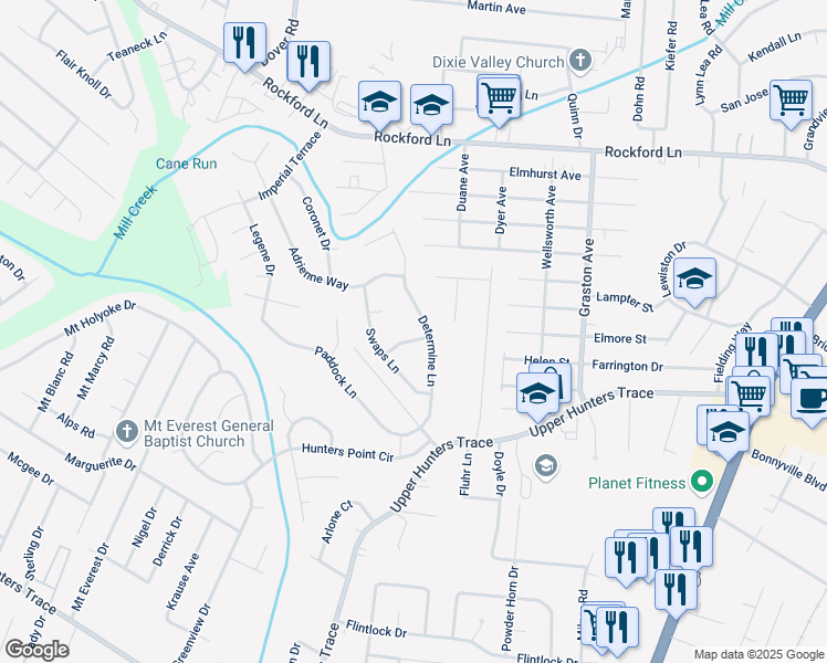 map of restaurants, bars, coffee shops, grocery stores, and more near 2403 Omaha Lane in Louisville