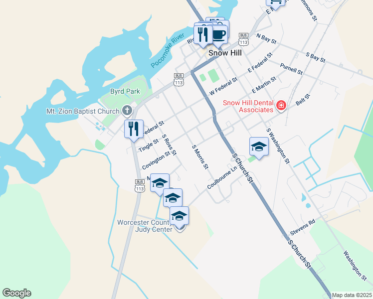 map of restaurants, bars, coffee shops, grocery stores, and more near 208 South Morris Street in Snow Hill