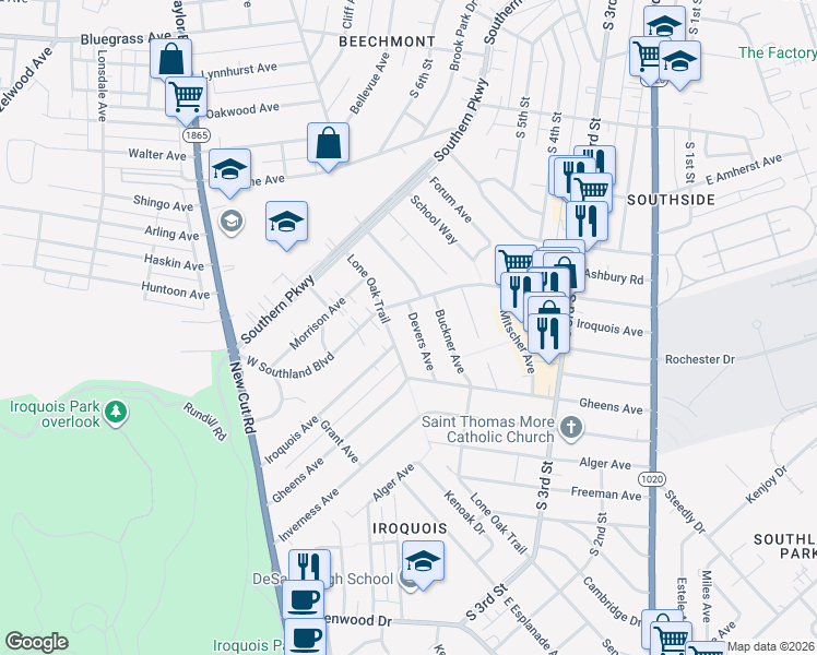 map of restaurants, bars, coffee shops, grocery stores, and more near 5310 Devers Avenue in Louisville