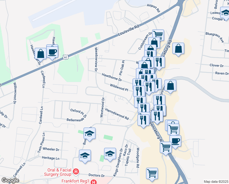 map of restaurants, bars, coffee shops, grocery stores, and more near 237 Meadowview Drive in Frankfort