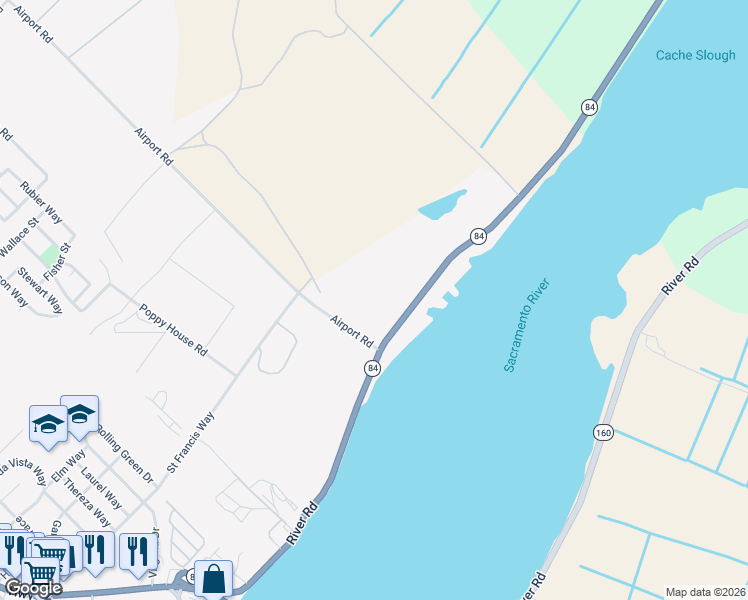 map of restaurants, bars, coffee shops, grocery stores, and more near 590 Airport Road in Rio Vista