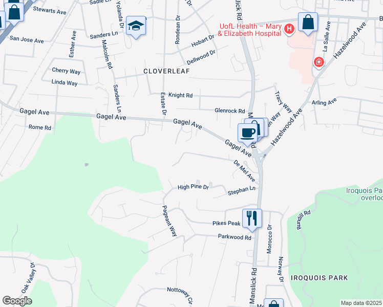 map of restaurants, bars, coffee shops, grocery stores, and more near 2800 De Mel Avenue in Louisville
