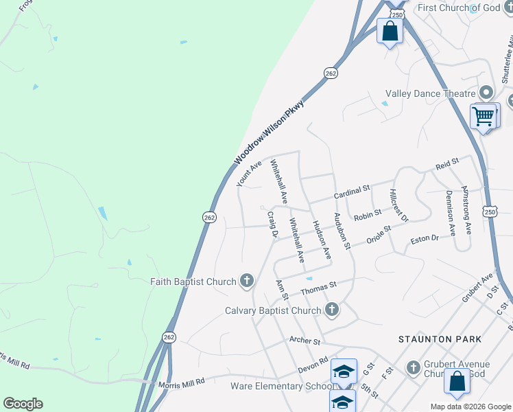 map of restaurants, bars, coffee shops, grocery stores, and more near 906 Ridgecrest Circle in Staunton