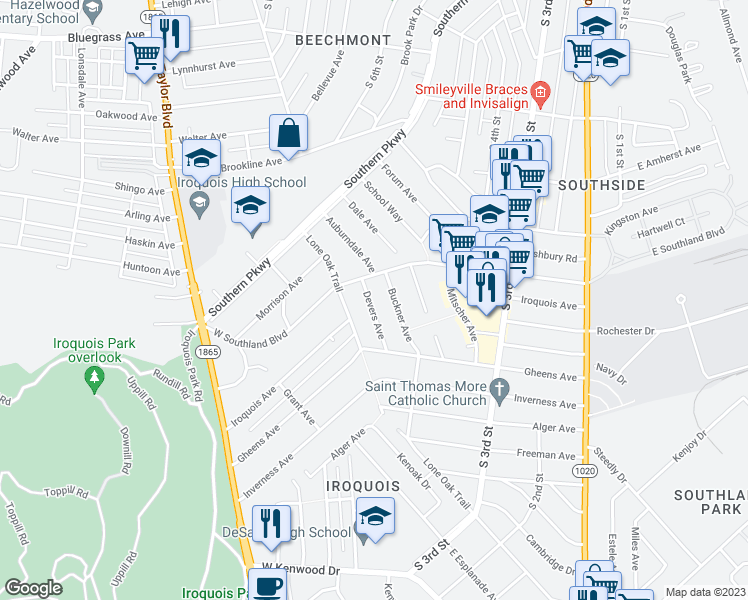 map of restaurants, bars, coffee shops, grocery stores, and more near 5309 Devers Avenue in Louisville