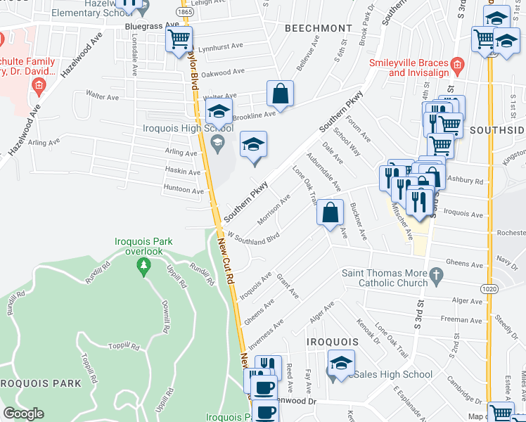 map of restaurants, bars, coffee shops, grocery stores, and more near 5712 Morrison Avenue in Louisville