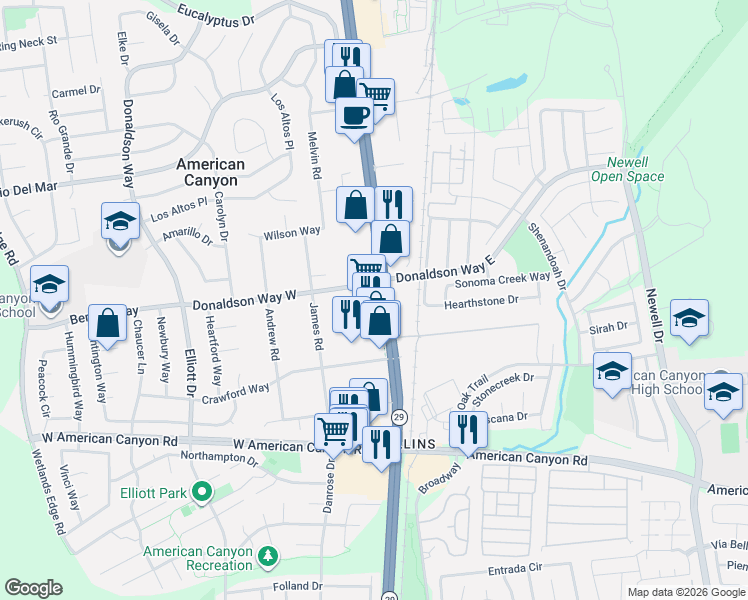 map of restaurants, bars, coffee shops, grocery stores, and more near 3441 Broadway in American Canyon