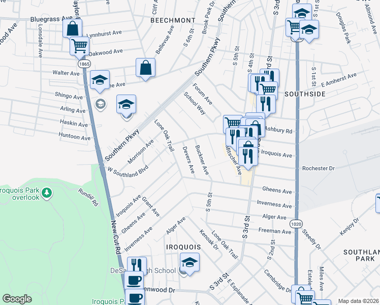 map of restaurants, bars, coffee shops, grocery stores, and more near 5309 Devers Avenue in Louisville