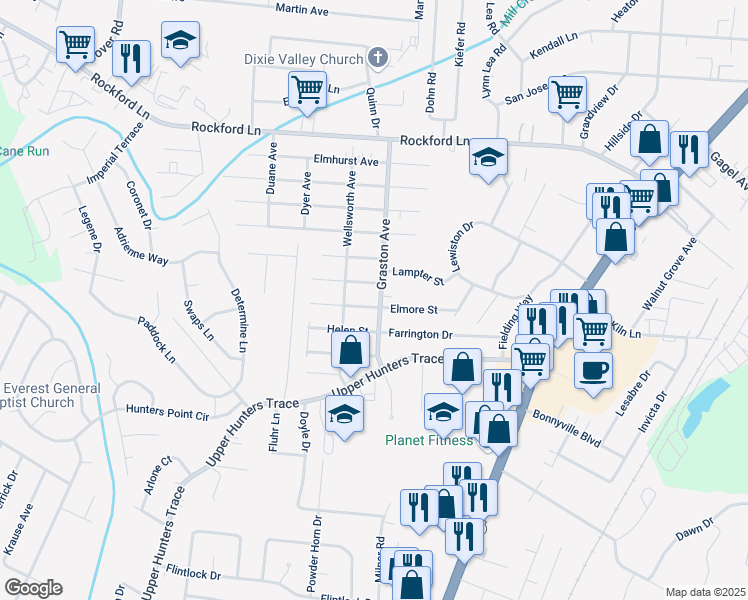 map of restaurants, bars, coffee shops, grocery stores, and more near 4926 Graston Avenue in Louisville