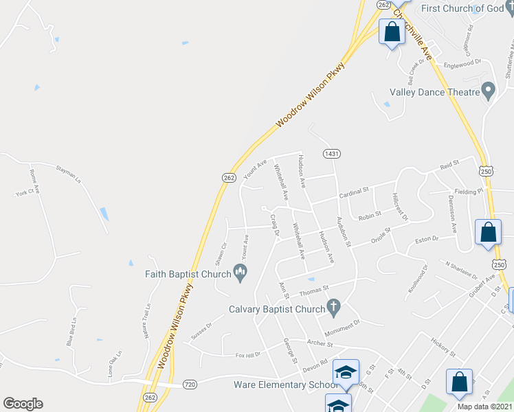 map of restaurants, bars, coffee shops, grocery stores, and more near 906 Ridgecrest Circle in Staunton
