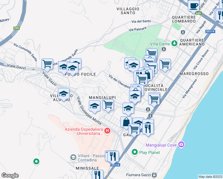 map of restaurants, bars, coffee shops, grocery stores, and more near 25 Via 40 D in Messina