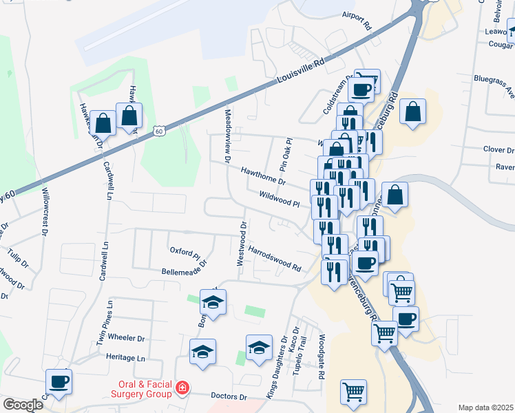 map of restaurants, bars, coffee shops, grocery stores, and more near 237 Meadowview Drive in Frankfort