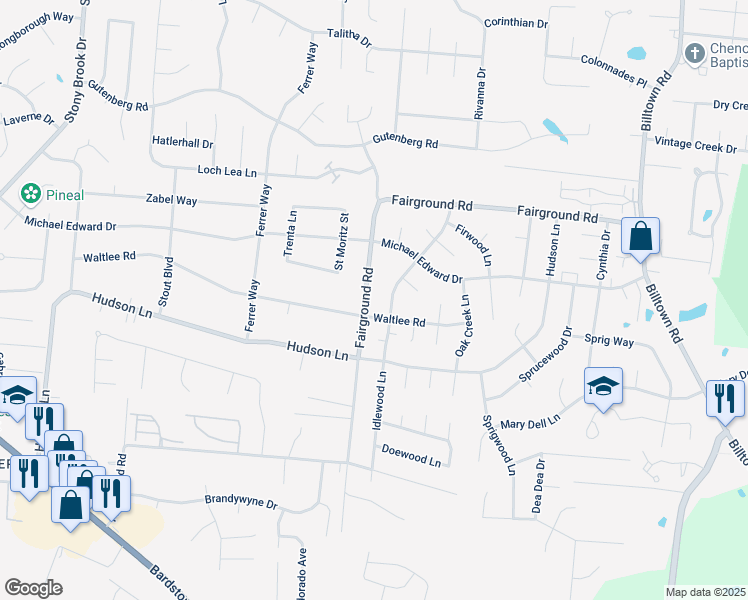 map of restaurants, bars, coffee shops, grocery stores, and more near 5312 Idlewood Lane in Louisville