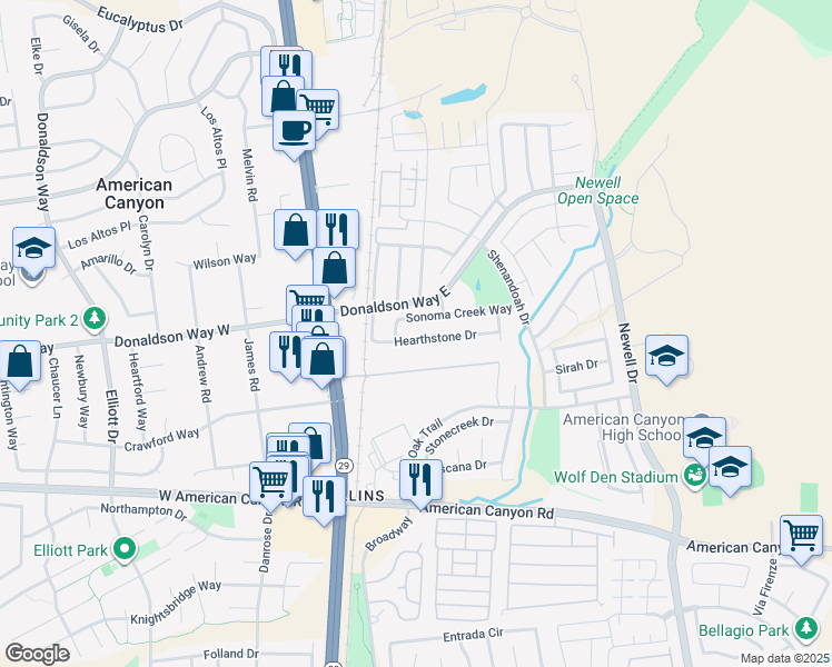 map of restaurants, bars, coffee shops, grocery stores, and more near 170 Hearthstone Drive in American Canyon