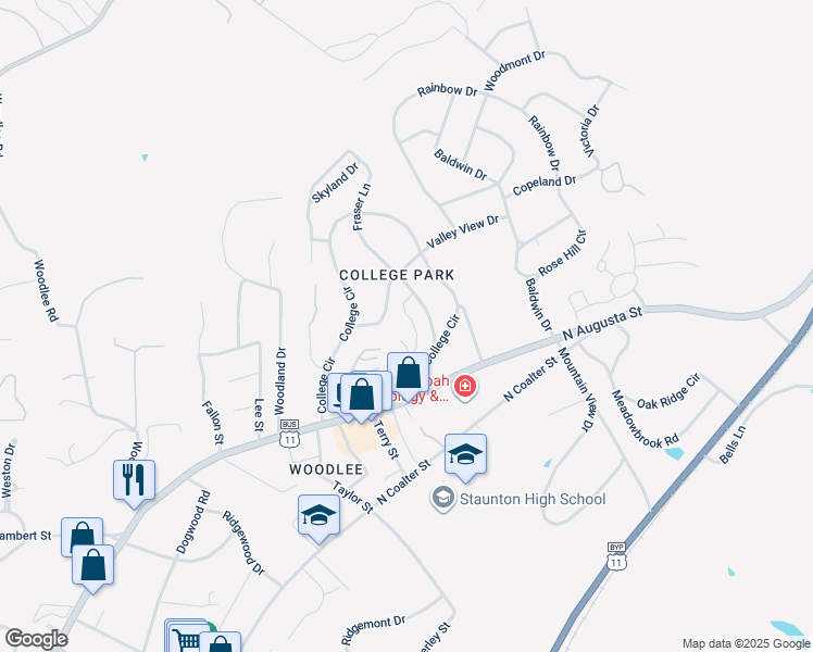 map of restaurants, bars, coffee shops, grocery stores, and more near 8 Wilson Loop in Staunton