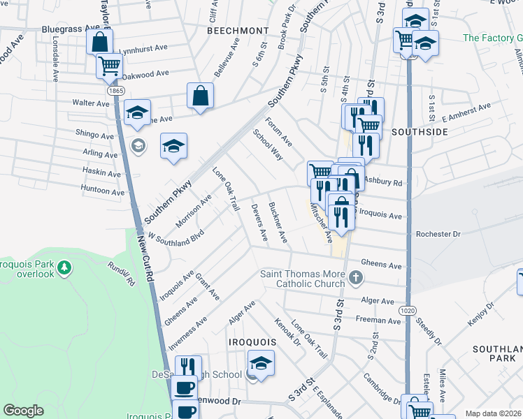 map of restaurants, bars, coffee shops, grocery stores, and more near 5310 Devers Avenue in Louisville