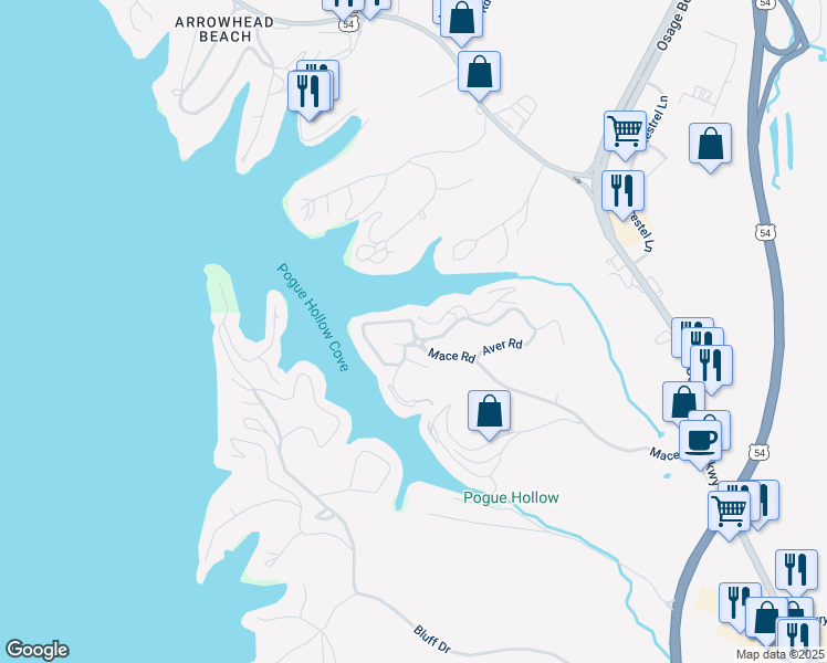 map of restaurants, bars, coffee shops, grocery stores, and more near 324 Indian Pointe in Osage Beach