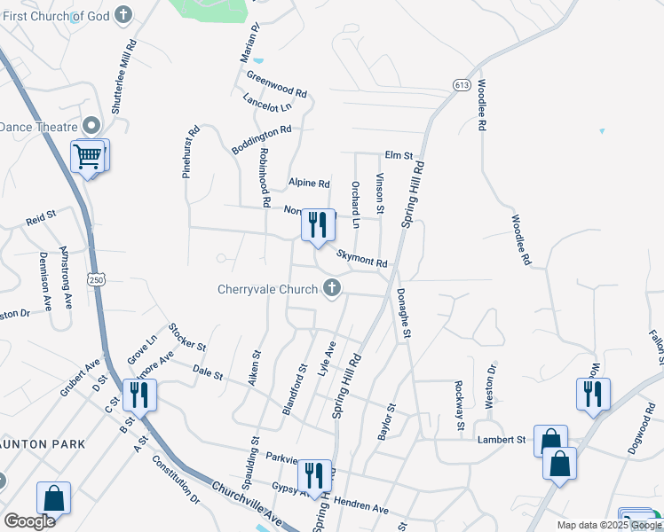 map of restaurants, bars, coffee shops, grocery stores, and more near 812 Westover Drive in Staunton