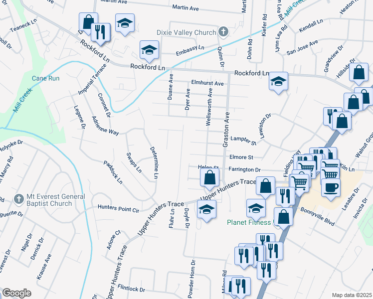 map of restaurants, bars, coffee shops, grocery stores, and more near 4923 Feys Drive in Louisville