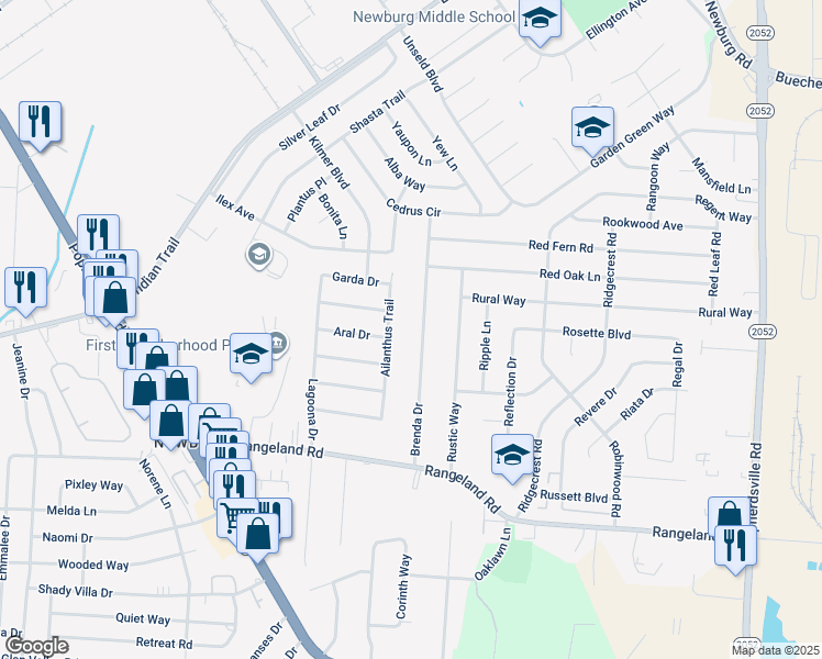 map of restaurants, bars, coffee shops, grocery stores, and more near 4853 Brenda Drive in Louisville
