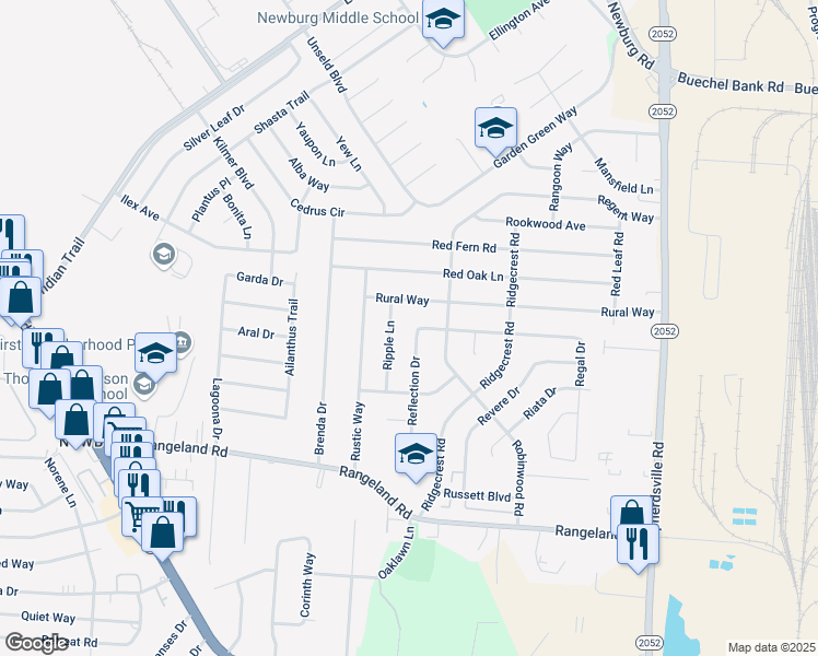 map of restaurants, bars, coffee shops, grocery stores, and more near 5416 Reflection Drive in Louisville