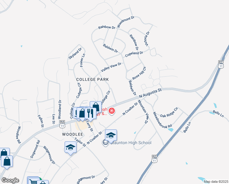 map of restaurants, bars, coffee shops, grocery stores, and more near 7 Belmont Drive in Staunton