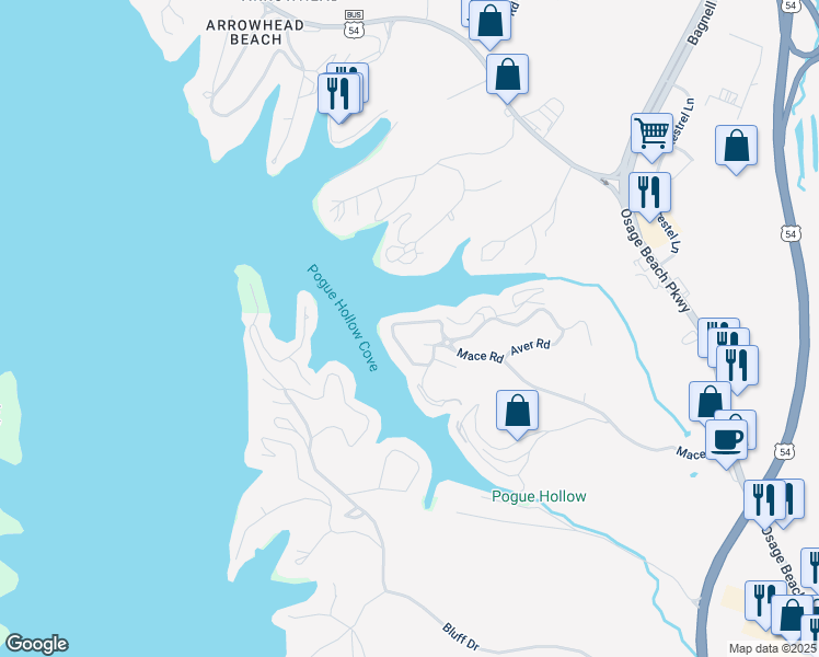 map of restaurants, bars, coffee shops, grocery stores, and more near 1038 Indian Pointe in Osage Beach