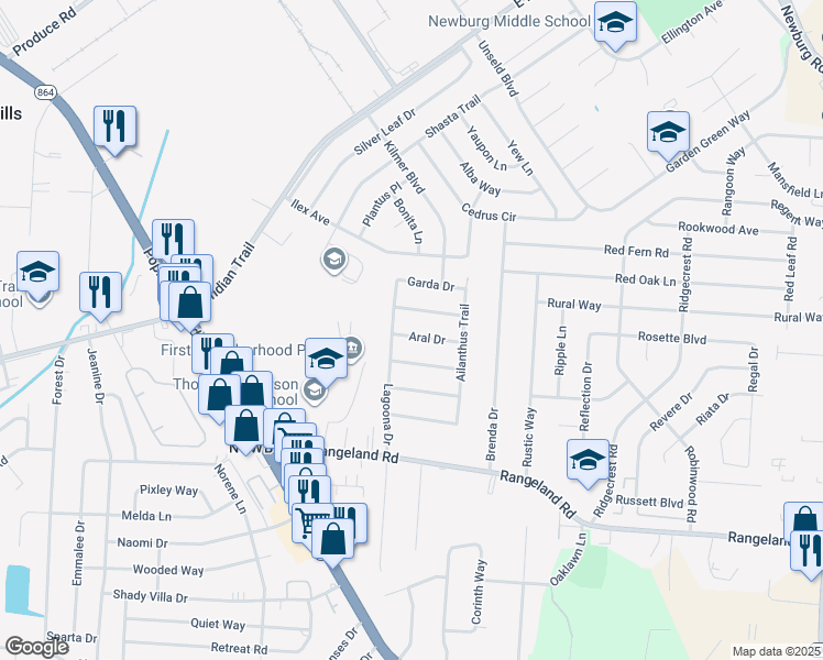 map of restaurants, bars, coffee shops, grocery stores, and more near 4505 Aral Drive in Louisville