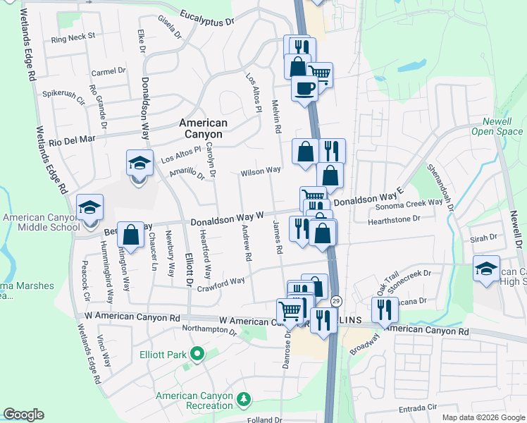 map of restaurants, bars, coffee shops, grocery stores, and more near 228 Donaldson Way West in American Canyon