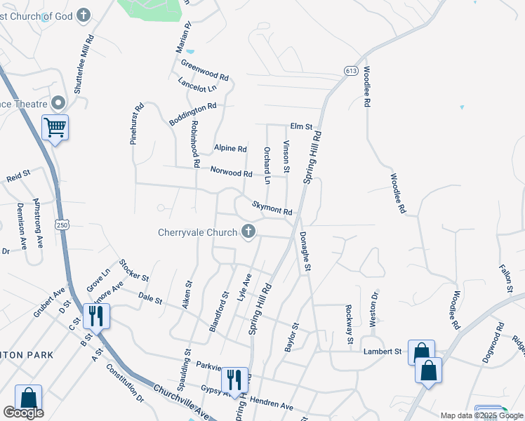 map of restaurants, bars, coffee shops, grocery stores, and more near 802 Westover Drive in Staunton