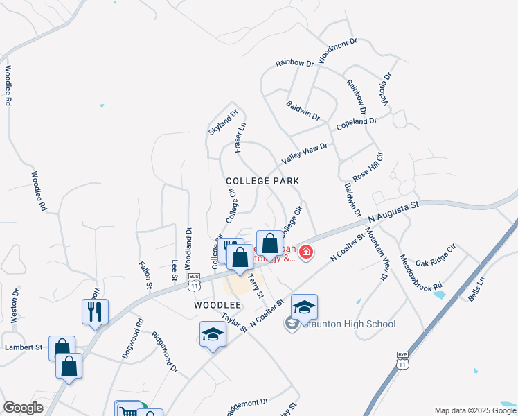 map of restaurants, bars, coffee shops, grocery stores, and more near 8 Wilson Loop in Staunton