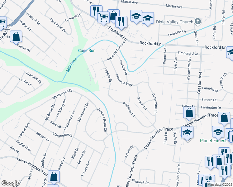 map of restaurants, bars, coffee shops, grocery stores, and more near 2515 Paddock Lane in Louisville