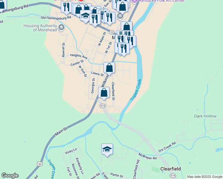 map of restaurants, bars, coffee shops, grocery stores, and more near 905 Clearfield Street in Morehead
