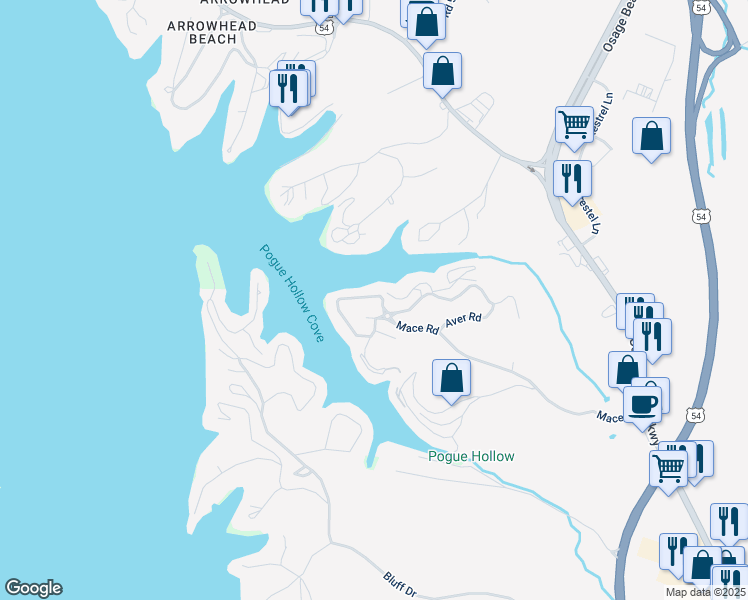 map of restaurants, bars, coffee shops, grocery stores, and more near 121 Indian Pointe in Osage Beach