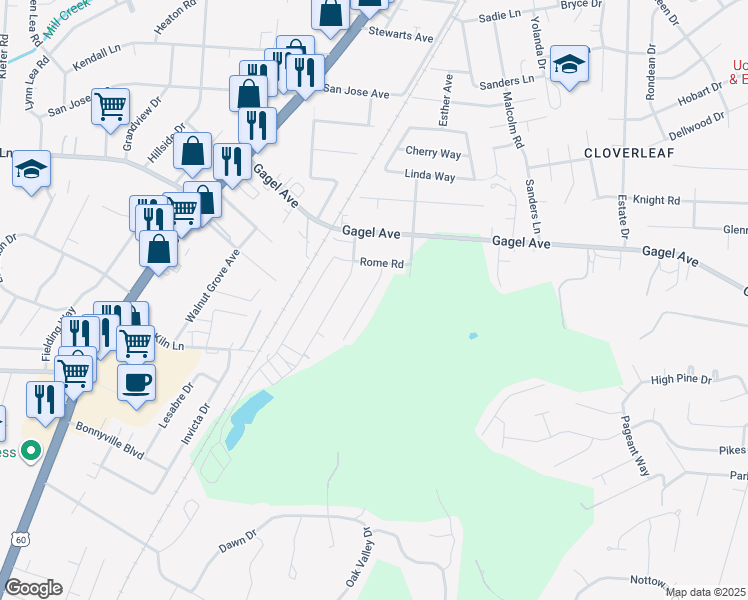map of restaurants, bars, coffee shops, grocery stores, and more near 5513 Brinson Drive in Louisville