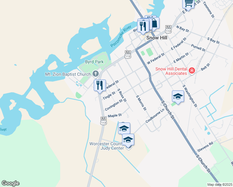 map of restaurants, bars, coffee shops, grocery stores, and more near 409 Tingle Street in Snow Hill