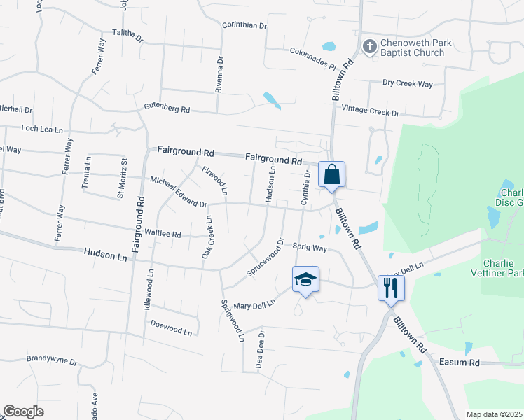 map of restaurants, bars, coffee shops, grocery stores, and more near 5113 Fairwood Lane in Louisville