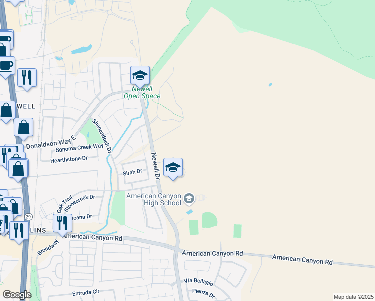 map of restaurants, bars, coffee shops, grocery stores, and more near 4000 Newell Drive in American Canyon