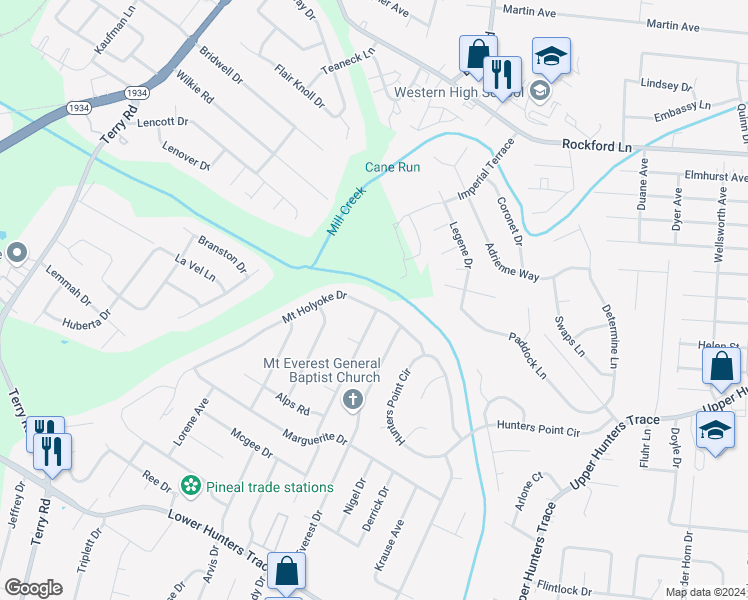 map of restaurants, bars, coffee shops, grocery stores, and more near 5012 Mount Holyoke Drive in Louisville