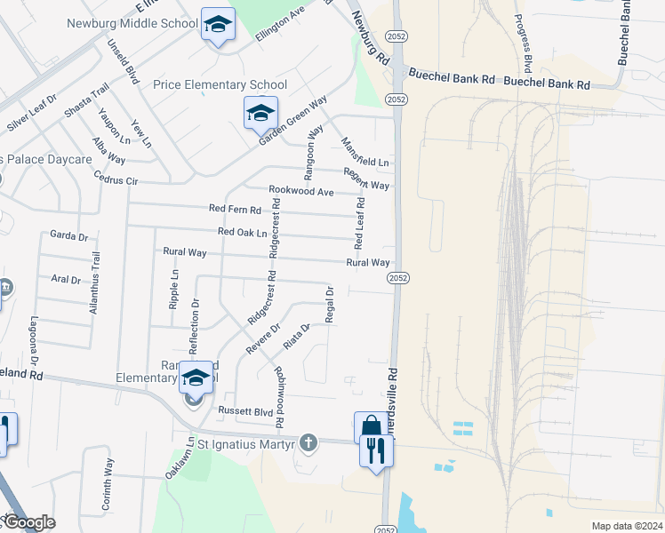 map of restaurants, bars, coffee shops, grocery stores, and more near 5306 Rural Way in Louisville