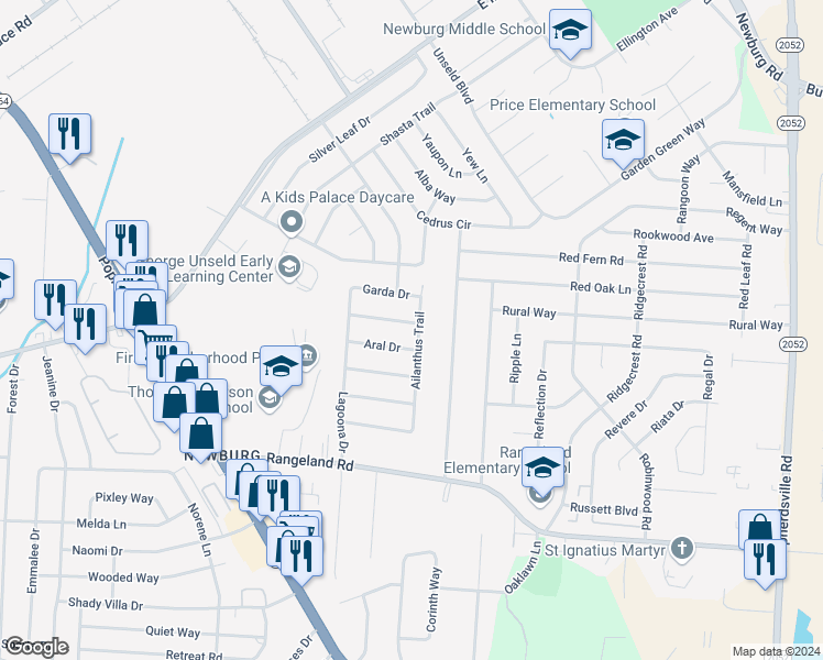 map of restaurants, bars, coffee shops, grocery stores, and more near 5500 Ailanthus Trail in Louisville
