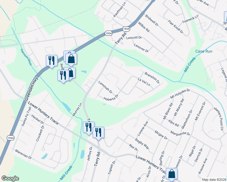 map of restaurants, bars, coffee shops, grocery stores, and more near 3117 Huberta Drive in Louisville